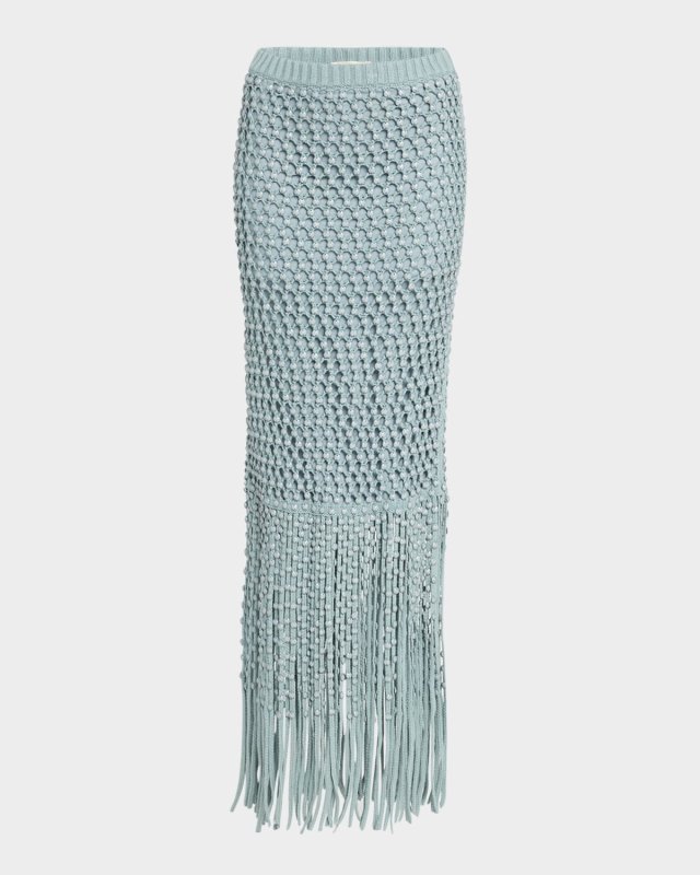 Gala Embellished Crochet Knit Fringe Maxi Skirt